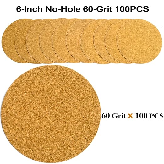 6-Inch No-Hole Hook and Loop Sanding Discs 60-Grit, Random Orbital Sandpaper for Automotive and Woodworking, 100-Pack