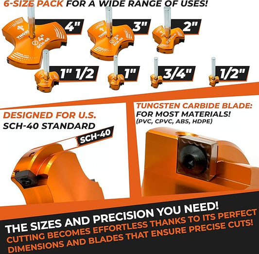 THORVALD PVC Pipe Reamer TriForce - 7 Sizes with Tungsten Carbide Blades - Video Tutorial + User Guide - 3 Blades PVC Fitting Saver for Plumbing - Tool Sizes: 1/2" ; 3/4″ ; 1″ ; 1-1/2″ ; 2″ ; 3″ ; 4″