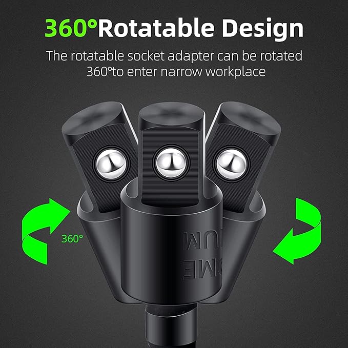 Right Angle Drill 105 Degree Right Angle Screwdriver set Drill Hex Bit Socket Adapter,360째Rotatable 3Pcs 1/4" 3/8" 1/2" Cr-V Hex Shank Impact Grade Driver Socket Adapter/Extension Set Drill Bit