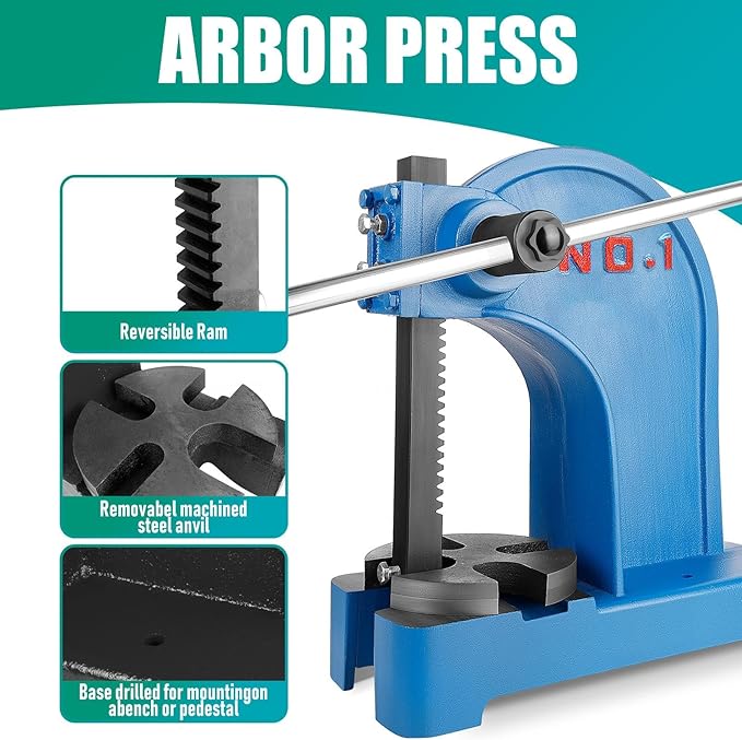 1 Ton Arbor Press with 3 Extra Drifts, Manual Arbor Press Reversible Ram, Heavy-duty Manual Desktop Arbor Press with Removable Steel Anvil 11.73" Height for Metal Cutting/Deforming (Blue)