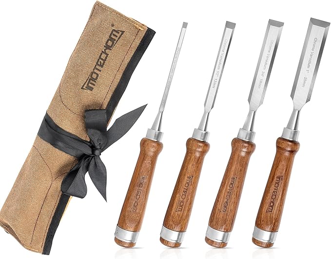 4-Pieces Woodworking Wood Chisel Set with Canvas Bag, Razor Sharp CR-V 60 Steel Blades