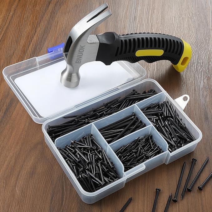 Hardware Nails Assortment Kit and 8oz Small Hammer, 800 PCS Black Nails for Hanging Pictures,Hammer and Nail Set, Small Hammers for Picture Hanging