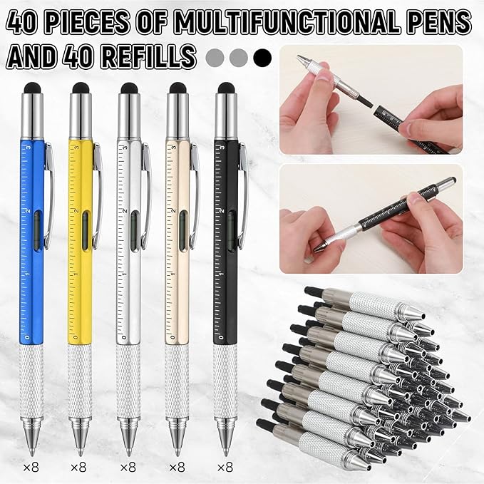 Yeaqee 40 Pcs Stocking Stuffers Bulk Gifts for Men 6 in 1 Party Favor Father's Christmas White Elephant Gifts Multi Tool Pens with Ruler, Level Gauge for Adult (Classic Color)