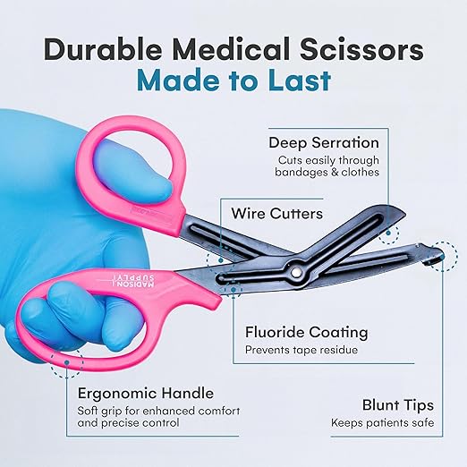 Madison Supply Trauma Shears for Nurses - Premium Stainless Steel Medical Scissors with Non-Stick Blades - 7.5" Surgical Nurse Scissors for First Aid and Emergency Use - Fluoride Coated Blades - Pink