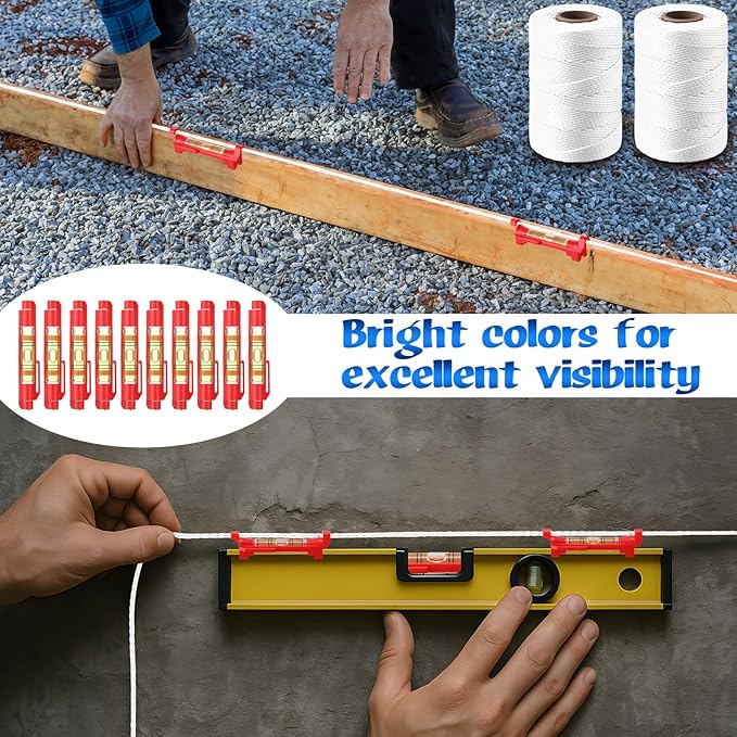 2 Pack #18 500 ft Mason Line String & 10 Pack Built-in Levels, String Level Line Kit for DIY, Gardening Work, Construction Twine Outdoor Projects Layout Brick Working (Fluorescent White)