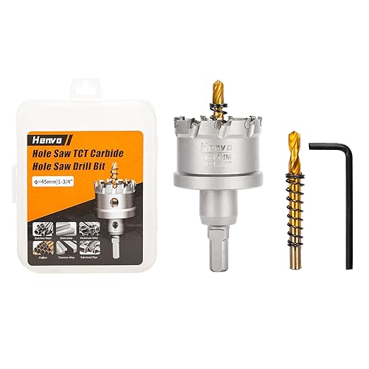 Hole Saw 1-3/4" (45mm) Heavy Duty Carbide with 2 Pilot Drill Bits - Metal Hole Cutter Cuts Stainless Steel, Iron, Copper, Brass, Plastic