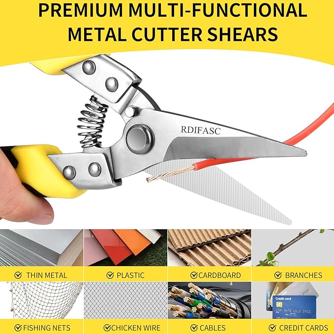 Tin Snips, Heavy Duty 8.5 Inch Straight Cut Snips with Sharp Chrome Vanadium Steel Blade, Aviation Metal Shears for Sheet Metal, Aluminum, Cardboard, and Cable