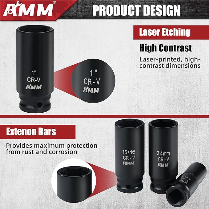 AMM 29PCS 1/2" Drive Impact Socket Set, 1/2" Deep Socket Set with Extension Bar, Cr-V Steel, 6 Point, SAE (3/8 "- 1") and Metric (10mm-24mm)