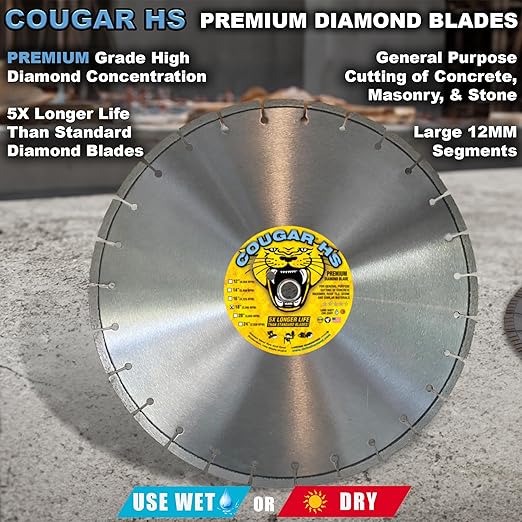 Cougar HS 18 Inch Diamond Concrete Saw Blade, Premium General Purpose Segmented Blade, Dry/Wet Cutting Concrete, Masonry, Brick, & Block 1" Arbor