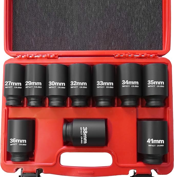1/2 Inch Drive Deep Impact Socket Set,10 PCS,6-Point,Metric Size(27mm to 41mm),Cr-Mo Steel,Heavy Duty Impact Socket Set,With a Storage Case