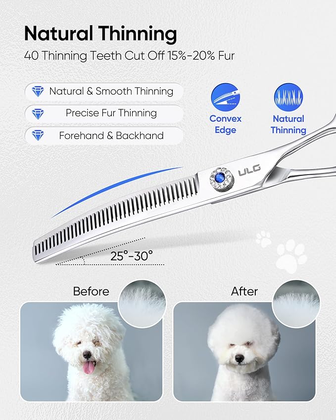 ULG Dog Grooming Scissors 40-Tooth 7.0??Curved Thinning Scissors Seamless 15%-20% Thinning Rate 440C Japanese Stainless Steel Tension Adjustable Left & Right Handed Pet Grooming Shears