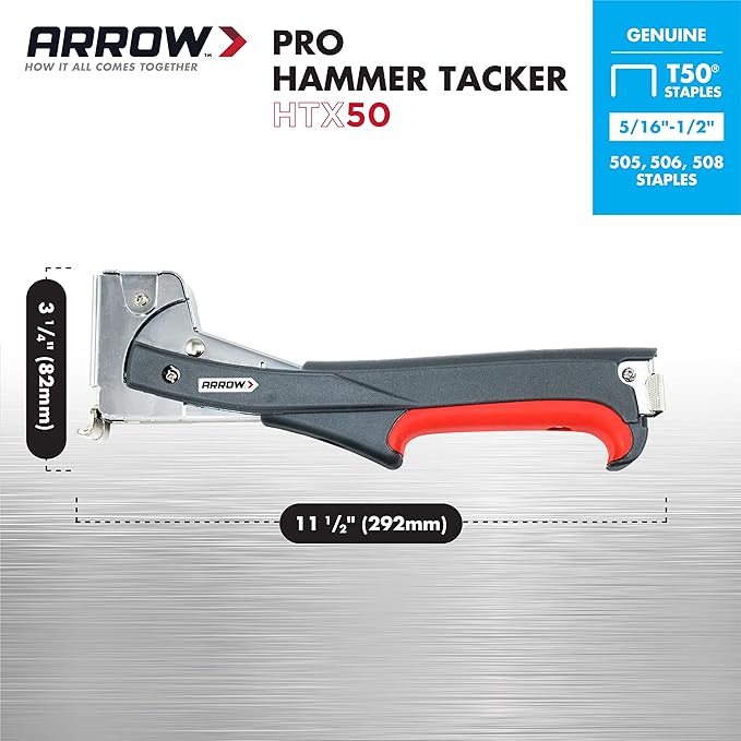 Arrow HTX50 Professional Heavy Duty Hammer Tacker, Manual Stapler for Construction and Insulation, Ergonomic Grip Handle, Dual-Capacity Rear-Load Magazine, Fits 5/16?? 3/8", or 1/2" Staples , Grey