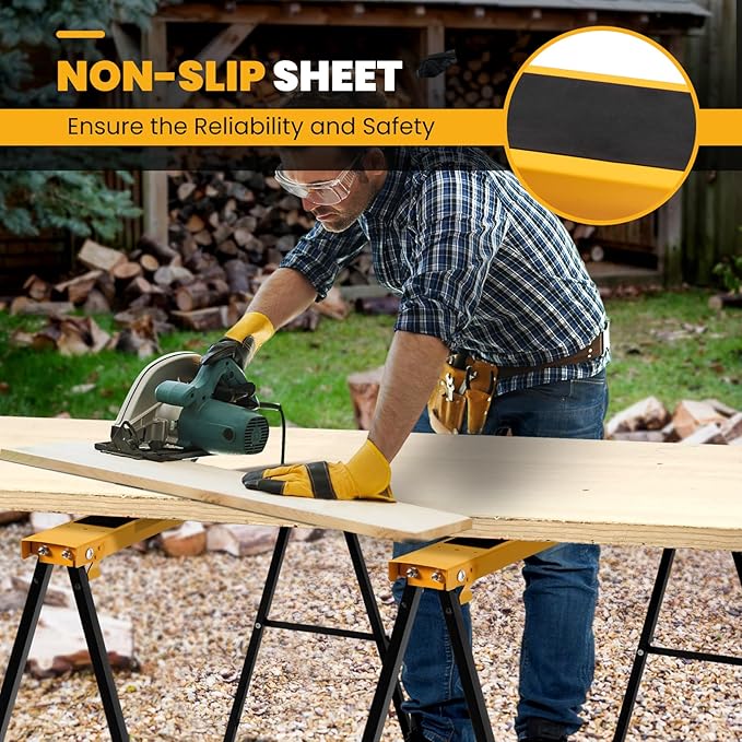 Goplus Saw Horses 2 Pack, Folding Portable Work Horse with Fast Open Legs, Convenient Handle, Heavy Duty Steel Sawhorse for Garage, Workshop, Fully Assembled