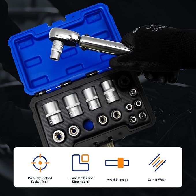 15pc External Torx Plus Socket Set Compatible with Tesla, 6 Point EP Sockets EP4, EP5, EP6, EP7, EP8, EP10, EP11, EP12, EP14, EP16, EP18, EP20, EP22, EP24 with 1/2'' 3/8'' 1/4'' Dr, 5 Point CR-V