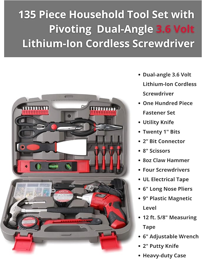 Apollo Tools 135 Piece Household Tool Set with Pivoting Dual-Angle 3.6 Volt Lithium-Ion Cordless Screwdriver ??Includes Most-Needed Tool Selection and Hanging Assortment- Red - DT0773