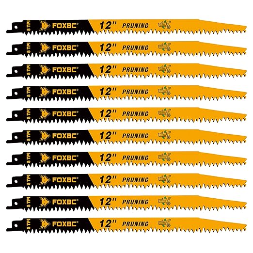 FOXBC Wood Pruning Reciprocating Saw Blades, 12 Inch Pruning Saw Blades 5TPI for Tree Trimming, Wood Wet Cutting, 10-Pack