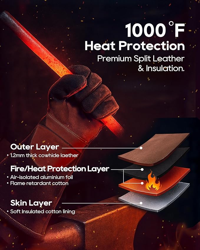 TOPDC Welding Gloves 16Inch 1000?덳eat/Fire Resistant Reinforced Leather Fireproof Gloves with Kevlar Stitching for Mig, Tig, Stick, Forge, BBQ, Grill, Oven, Fireplace, Furnace, Animal Handling, LARGE