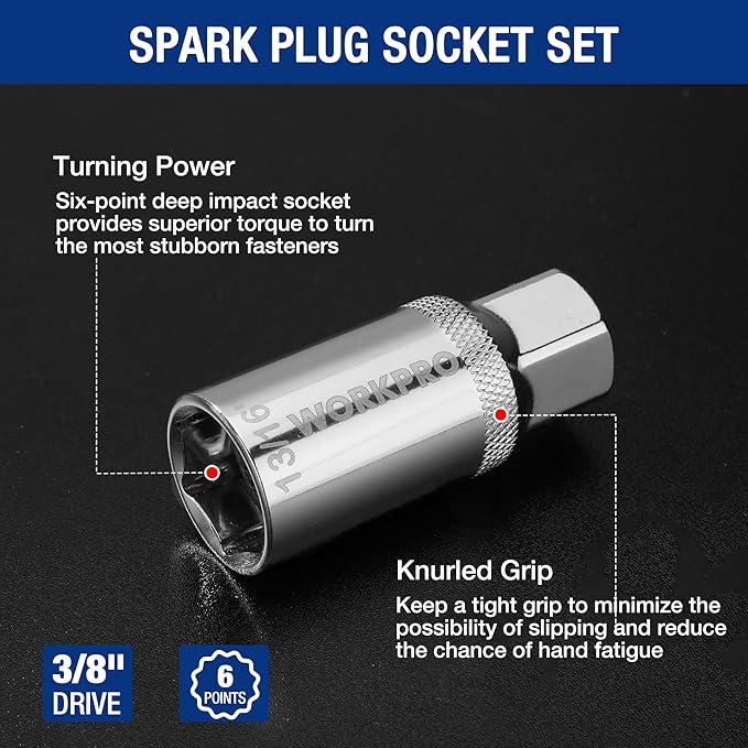WORKPRO 7 PCS Magnetic Swivel Spark Plug Socket Set, Includes 9/16-inch, 5/8-inch, 13/16-inch, 14MM Thin Wall Sockets with 4, 6, 11-inch Extensions, 3/8" Drive with 12 Points, Magnetic Core