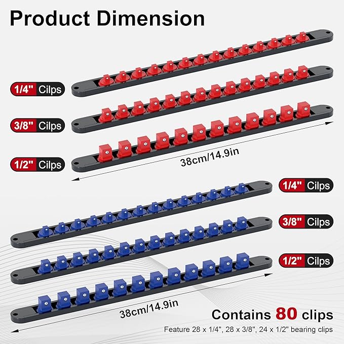 FIVEPEARS 6PCS 360째 Socket Organizer Twist Lock,3/8 1/4 1/2 Socket Storage Rails, Premium Quality Socket Holders for Tool Box 竊똖ool Carts竊똂ontains up to 80 Clips (Blue & Red)