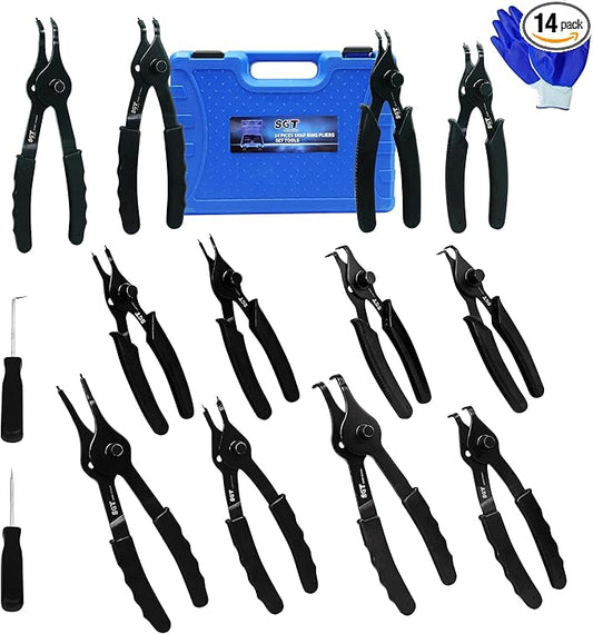 SGT 14pc Snap Ring Pliers Set,Internal & External Circlip Pliers with 45째/90째 Bent and Straight Pliers, Hook & Pick,Heavy Duty Removal Tool with Storage Case & Gloves