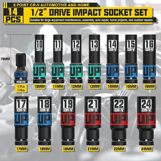 14-Piece 1/2" Drive Impact Socket Set, 10-24mm Thicker Deep Sockets with Storage Case and 1/2 to 1/4 Impact Wrench Adapter, Metric 6 Point Socket Set for Automotive and Home