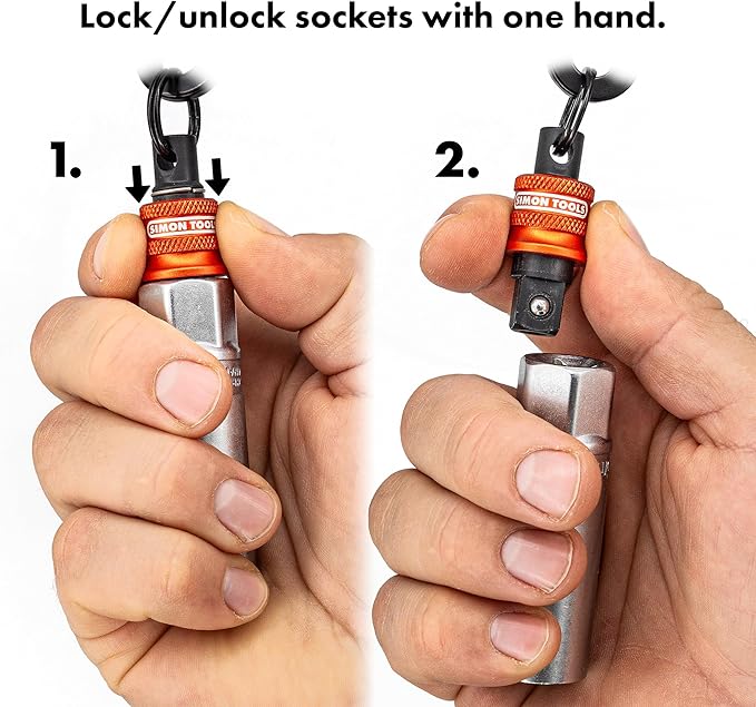 Socket Holder Keychain 3pc - 3/8 Socket Organizer with Quick Release and Clip - Perfect Impact Wrench and Toolbox Accessories for Construction Workers, Linemen, Mechanics and Carpenters