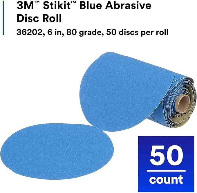 3M Stikit Blue Abrasive Disc Roll, 36202, No Hole, 6 in, 80+ Grade, Pack of 50, Automotive Sanding Discs for Coating Removal, Body Repair, Auto Sanding, Primer Sanding