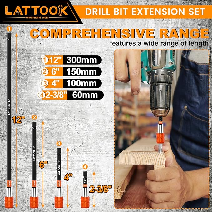 Drill Bit Extension Set, LATTOOK 4-Pieces 2-3/8", 4", 6", 12'' Long Magnetic Drill Screwdriver Bit Holder Extender, 1/4 Inch Hex Quick Release Bit Holder for Drill Bits