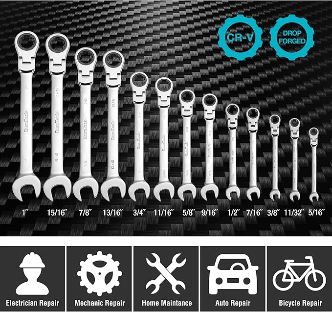 DURATECH Flex-Head Ratcheting Combination Wrench Set, SAE, 13-piece, 5/16'' to 1'', CR-V Steel, with Rolling Pouch