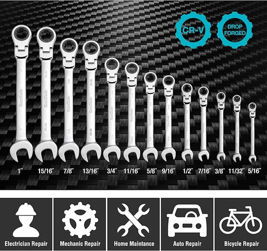 DURATECH Flex-Head Ratcheting Combination Wrench Set, SAE, 13-piece, 5/16'' to 1'', CR-V Steel, with Rolling Pouch