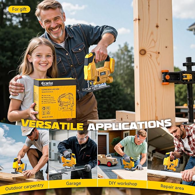 Ecarke Cordless Jig Saw Compatible With Dewalt 20V Max Battery (Only Tool), 4 Orbital Sets, 6 Variable Speeds Control, Dust-Blowing, ±45° Bevel Cuts, LED Light and 6PCS Blades For Cutting