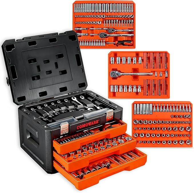 COMOWARE 320-Piece Master Mechanic Tool Set with Case, 1/4??3/8??1/2??Drive SAE & Metric Socket Wrench Set, Includes 72T Ratchet Set, CR-V Steel, Hex Keys & Specialty Bits for Auto Repair & DIY