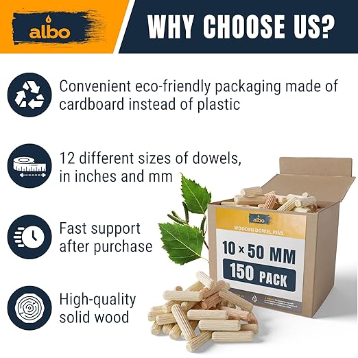 ALBO Wooden Dowel Pins 10mm x 50mm Fluted Wood Dowels Rods 150 Pack Hardwood Crafts Dowel Pegs