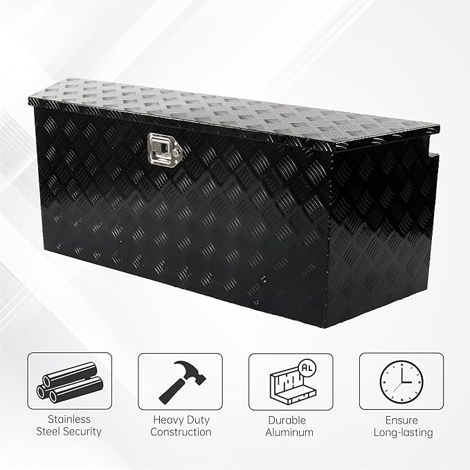 49 Inch Aluminum trailer tongue box heavy duty 5 Bar Tread Trailer tool box Storage Organizer with Flipped steps, Black (49'' x 15'' x 18.5'')