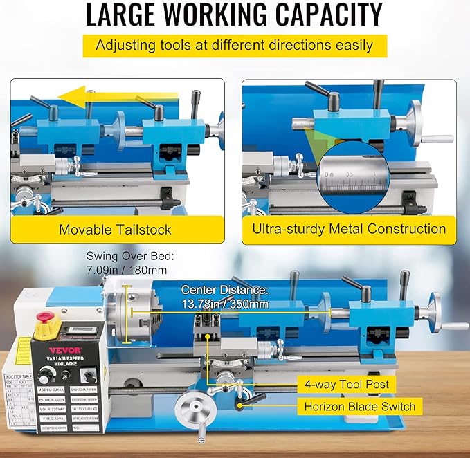 VEVOR Metal Lathe, Upgraded Digital Display 7"x14" Benchtop Metal Lathe 550W Variable Speed 2250RPM with 3-jaw Chuck CNC Mini Lathe Machine Precision Mini Lathe Tool Box for Metal Turning