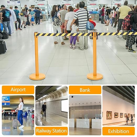 Therwen 6 Pack Heavy Duty Crowd Control Stanchions 9.8 ft Stainless Steel Stanchion Set with 6 Safety Barrier Post Retractable Belt and 1 Sign Holder Crowd Control Barrier(Stripe Belt,Yellow)
