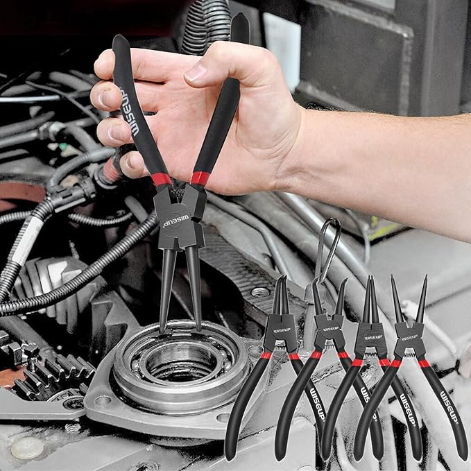 WISEUP Snap Ring Pliers Set, Heavy Duty 4PCS-7 inch Internal/External Circlip Pliers Kit, Straight/Bent Jaw Tips for C-Clip Ring Remover