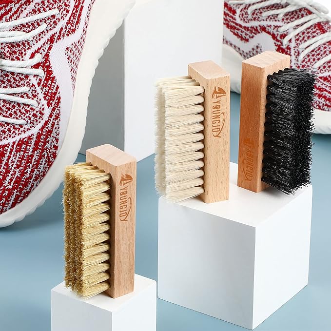 YoungJoy 3 Pieces Dual Sided Sneaker Shoe Cleaner Brush Set Shoes Clean Brush Kit Both Boar and Plastic Bristles with Microfiber Cloth (D)