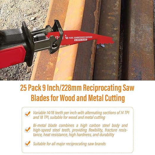 25 Pack 6 Inch 6/12 Tpi Reciprocating Saw Blades for Wood and Nail-Embedded Wood Cutting, Bi-Metal Sawzall Blades with 8% Cobalt for Longer Life and Faster Cutting Speed