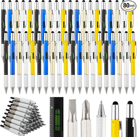 Yeaqee 80 Pcs Stocking Stuffers Bulk Gifts for Men 6 in 1 Party Favor Father's Christmas White Elephant Gifts Multi Tool Pens with Ruler, Level Gauge for Adult (Classic Color)