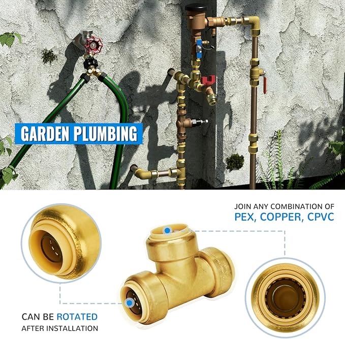 SUNGATOR 1-Inch Push Fit PEX Tee, No Lead Brass Plumbing Pipe Connector T Fittings with Disconnect Clip, Push-to-Connect, Copper, CPVC (2-Pack)