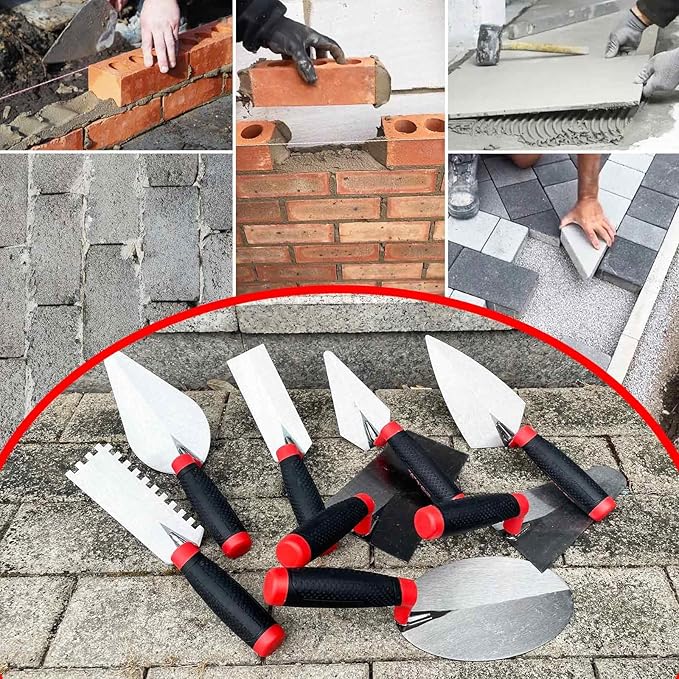 8 Pack Masonry Hand Tool Set, 3 PC Brick Trowels, 3 PC Margin Trowels, 7??Gauging Trowel and 7??Bucket Trowel, Bricklaying Hand Tool for Concrete, Cement, Plaster, Tile Construction Projects