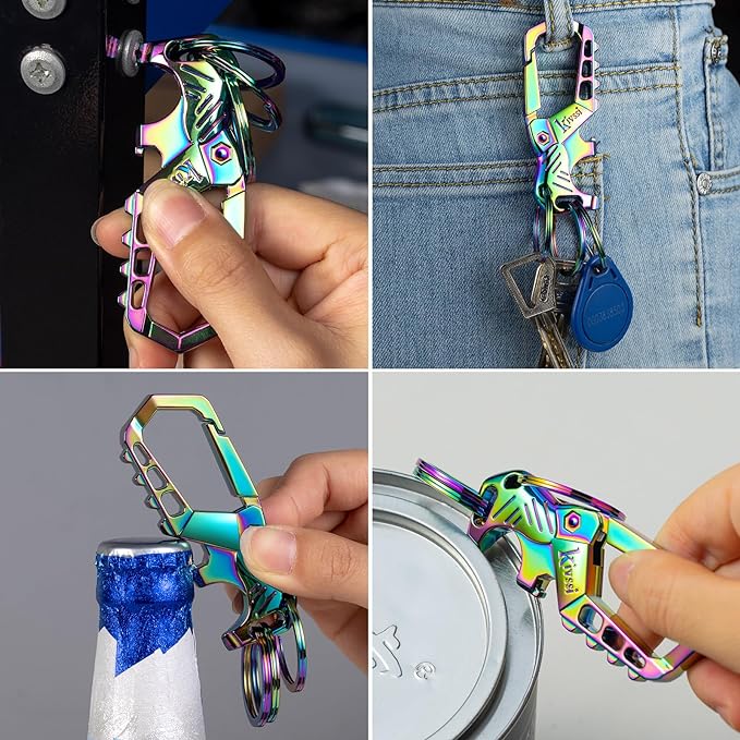 Heavy duty metal keychains, Carabiner clip Car key chains,Fashion family keychain bottle opener and 3 Key Rings suitable for men and women.（Multicolor-2pcs）