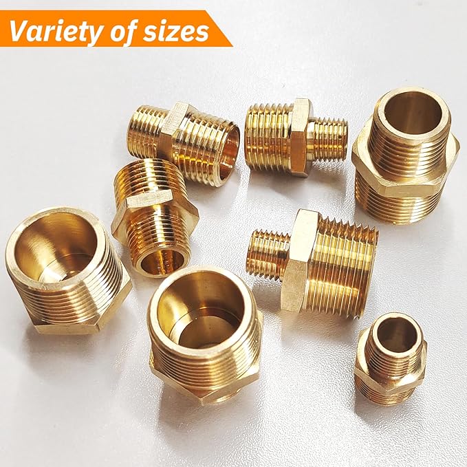2pcs 1/2" NPT x 1/4" NPT Brass Nipple, 1/2 to 1/4 Adapter Fitting Reducing Solid Hex Brass Nipple, 1/2 Male to 1/2 Male Reducer Pipe Fittings for Extending and Connecting Pipes
