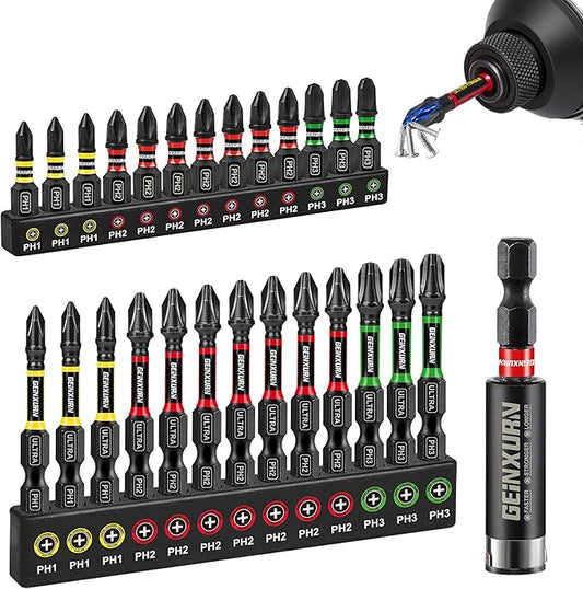 Impact #1#2#3 Phillipes Screwdriver Bits Set, 26pcs 1??2??(PH1/PH2/PH3) Magnetic S2 Steel Driver Bits Set and 1pc Impact Bit Holder with Color Coded Base