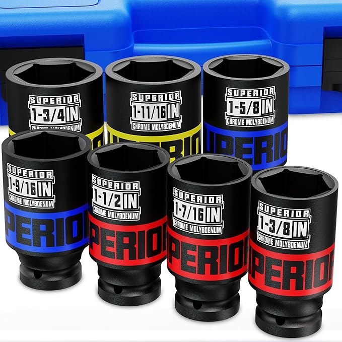 7 Piece 1/2" Drive Deep Axle Nut Impact Socket Set, SAE, 1-3/8" - 1-3/4", CR-MO, 6 Point, Use in Large Equipment Maintenance, Home Repair, Car Repair and More