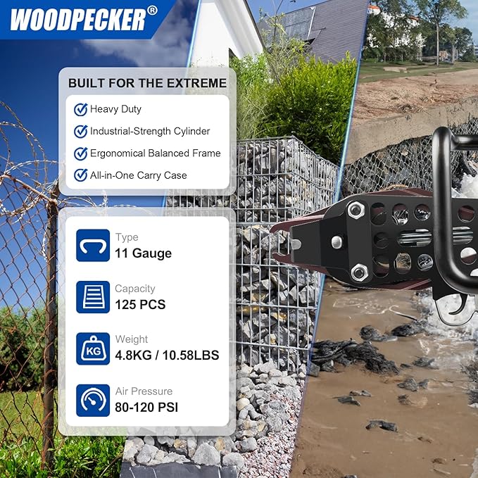 Woodpecker PFC50 11 Gauge 1-3/4'' (45mm) Crown Heavy Duty Pneuamtic Hog Ring Gun with 12mm to 13mm Closure Diameter, Large Snap Ring Pliers Tool for Gabion Cage and Border Fencing
