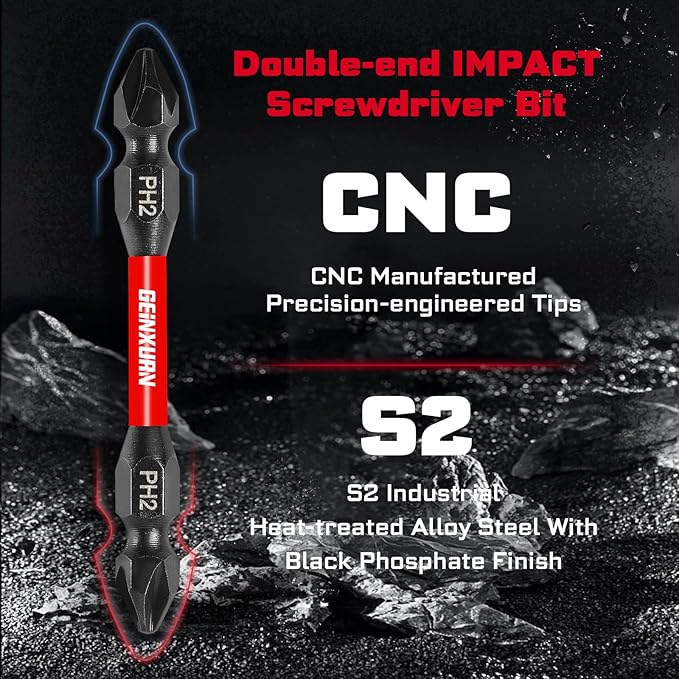 10Pcs Impact Double End Screwdriver Bit Set, 2.56 in. Mixed Reversible Power Driver Bits, Magnetic S2 Steel Two Sides PH2/T20/T25/SQ2/SL1/4 Screwdriver Bit Tips Set with Storage M-Box