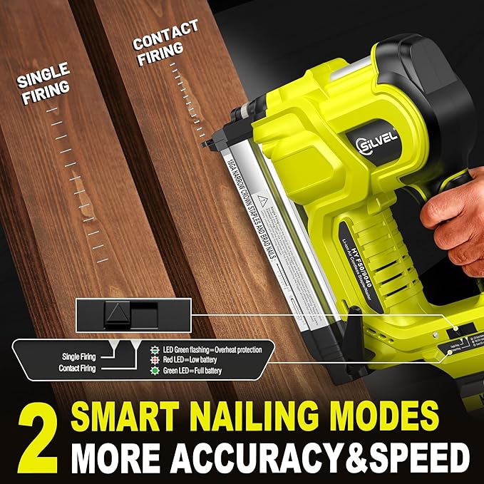 SILVEL 2" Cordless Brad Nailer, 2-in-1 21V Electric Brad Nailer with 2 * 2.0Ah Battery, 1000pcs Nails, 18GA Staples, Adjustable Depth for Woodworking, Home Improvement, Green