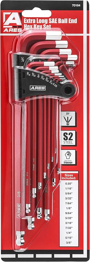 ARES 70164-13-Piece SAE Long Arm Ball End Hex Key Wrench Set - Chrome Finish with Red High Visibility Anti-Slip Coating - Convenient Storage Case Included